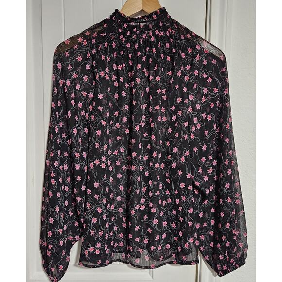 Elizabeth And James Small Long Sleeve Smocked Sheer Blouse Black W/ Pink Flowers - Picture 2 of 5